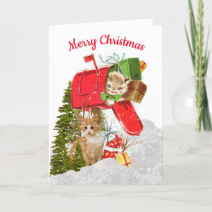 Remerciements Jolie carte de Noël rétro de chat / Boîte aux lett