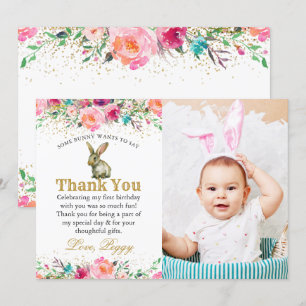 Remerciements Lapin rose Floral Anniversaire Photo Carte de reme
