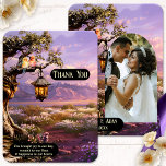Remerciements Lavender Romantic Art Photo Mariage Carte de remer<br><div class="desc">Carte de remerciements mariage avec une peinture d'un paysage de lavande au coucher du soleil avec lanterne et inséparables. Sur le dos est votre photo personnalisée</div>