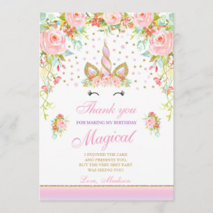 Remerciements Licorne magique d'or de rose de carte de