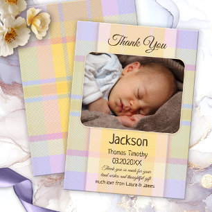 Remerciements Pastel Plaid Neutral Baby Photo Carte de remerciem
