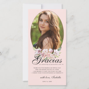 Remerciements Rose Gold Floral Quinceañera Photo Carte de remerc