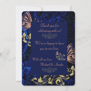 Remerciements Royal Blue Gold Butterfly Mariage Carte de remerci