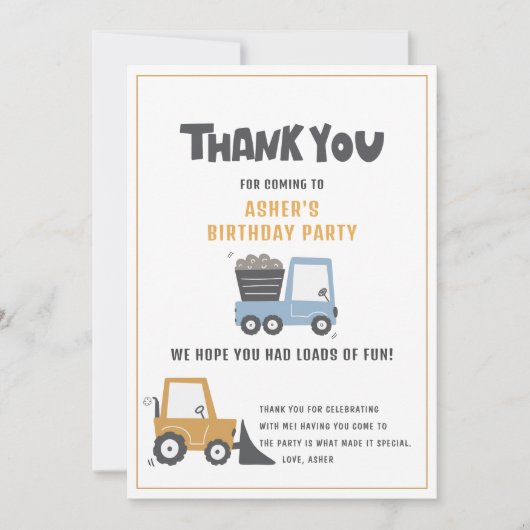 Remerciements Thème de construction Anniversaire Carte de remerc (Devant)