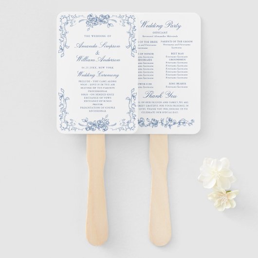 Renaissance  Blauwe Huwelijksceremonie Programma Handwaaier (Voorkant en achterkant)