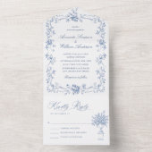 Renaissance Bloemen Dusty Blue Wedding All In One Uitnodiging (Binnen)