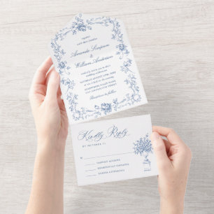 Renaissance  Bloemen Dusty Blue Wedding All In One Uitnodiging