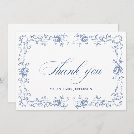 Renaissance Bloemen Dusty Blue Wedding Bedankkaart (Voorkant / Achterkant)