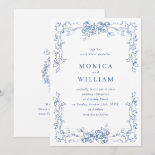 Renaissance Bloemen Dusty Blue Wedding Kaart
