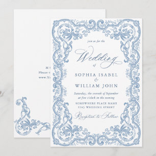 Renaissance  Bloemen Dusty Blue Wedding Kaart