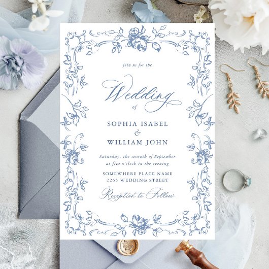 Renaissance  Bloemen Dusty Blue Wedding Kaart