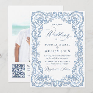 Renaissance Bloemen Dusty Blue Wedding Kaart