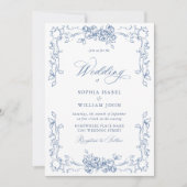 Renaissance Bloemen Dusty Blue Wedding Kaart (Voorkant)