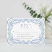 Renaissance  Bloemen Dusty Blue Wedding RSVP Kaartje (Staand voorkant)