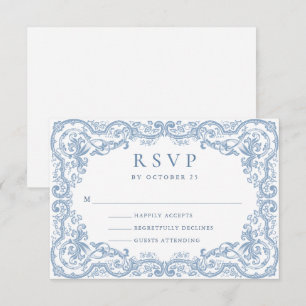 Renaissance Bloemen Dusty Blue Wedding RSVP Kaartje