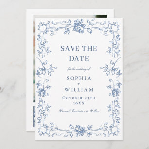 Renaissance  Bloemen Dusty Blue Wedding Save The Date