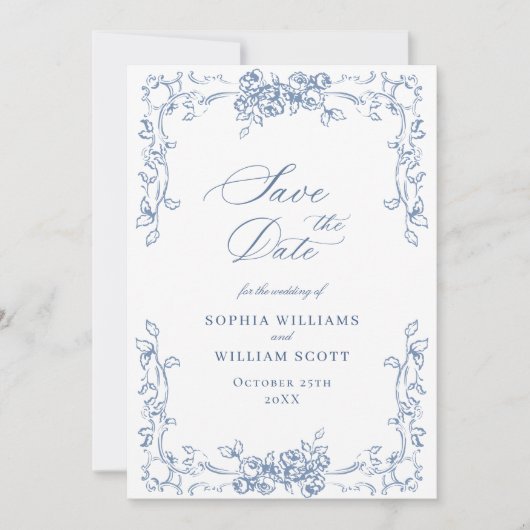 Renaissance  Bloemen Dusty Blue Wedding Save The Date (Voorkant)