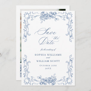 Renaissance  Bloemen Dusty Blue Wedding Save The Date