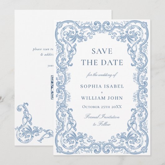 Renaissance  Bloemen Dusty Blue Wedding Save The Date (Voorkant / Achterkant)