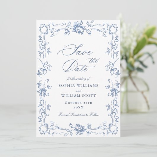 Renaissance Bloemen Dusty Blue Wedding Save The Date (Staand voorkant)