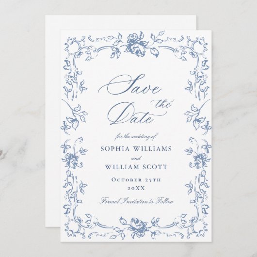 Renaissance Bloemen Dusty Blue Wedding Save The Date (Voorkant / Achterkant)