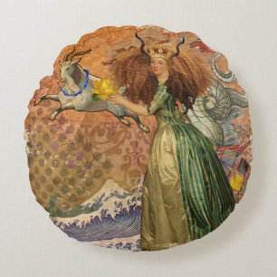 Renaissance Dame Steenbok Fantasie Vintage Zodiac Rond Kussen