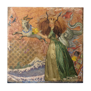 Renaissance Dame Steenbok Fantasie Vintage Zodiac Tegeltje