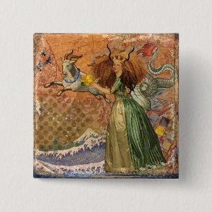 Renaissance Dame Steenbok Fantasie Vintage Zodiac Vierkante Button 5,1 Cm