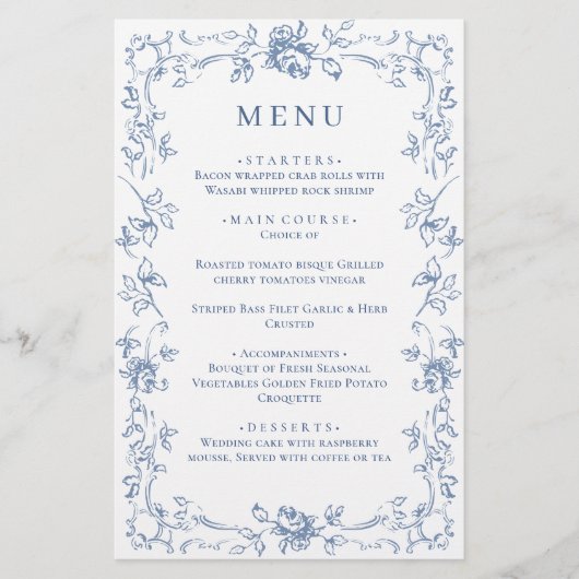 Renaissance  Dusty Blue Floral Wedding Menu (Voorkant)