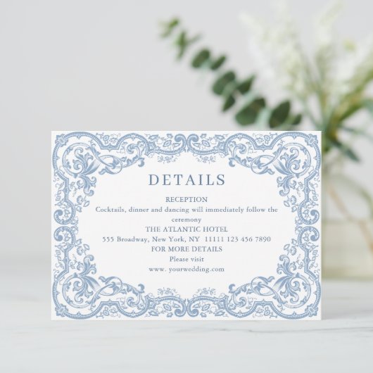 Renaissance Dusty Blue Wedding Details Informatiekaartje (Staand voorkant)