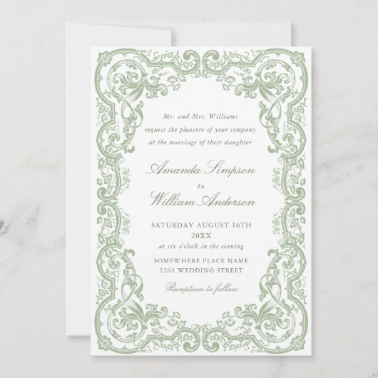 Renaissance Floral Sage Green Wedding Kaart (Voorkant)