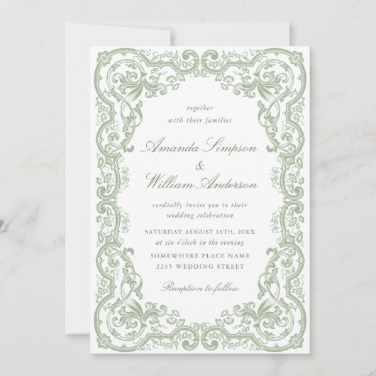 Renaissance Floral Sage Green Wedding Kaart (Voorkant)