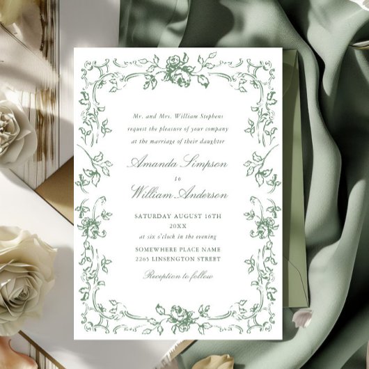 Renaissance  Floral Sage Green Wedding Kaart
