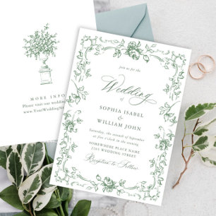 Renaissance  Floral Sage Green Wedding Kaart