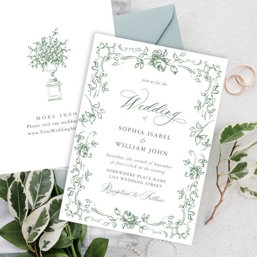 Renaissance Floral Sage Green Wedding Kaart