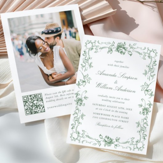 Renaissance Floral Sage Green Wedding Kaart