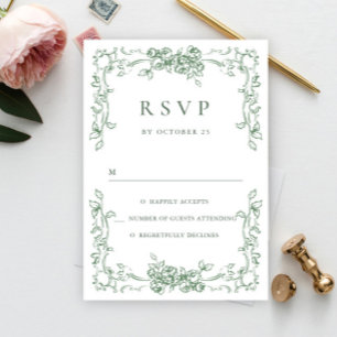 Renaissance Floral Sage Green Wedding RSVP Kaartje