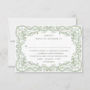 Renaissance  Floral Sage Green Wedding RSVP Kaartje