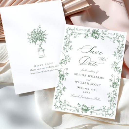 Renaissance  Floral Sage Green Wedding Save The Date