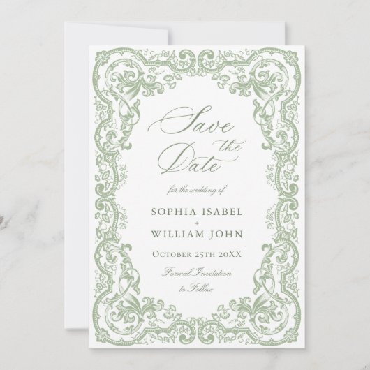 Renaissance Floral Sage Green Wedding Save The Date (Voorkant)