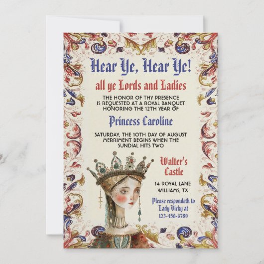 Renaissance médiévale Princesse Invitation d'anniv (Devant)