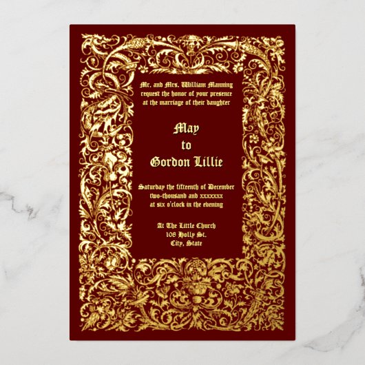 Renaissance middeleeuwse gebladerte grens bruiloft folie uitnodiging (Voorkant)