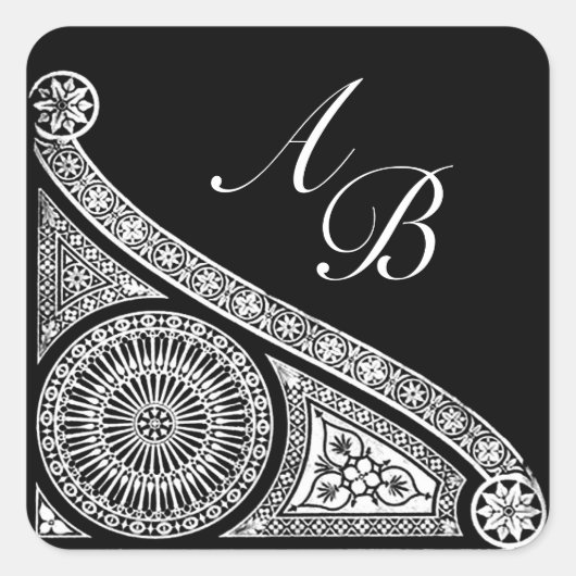 RENAISSANCE MONOGRAM Black and White Vierkante Sticker (Voorkant)
