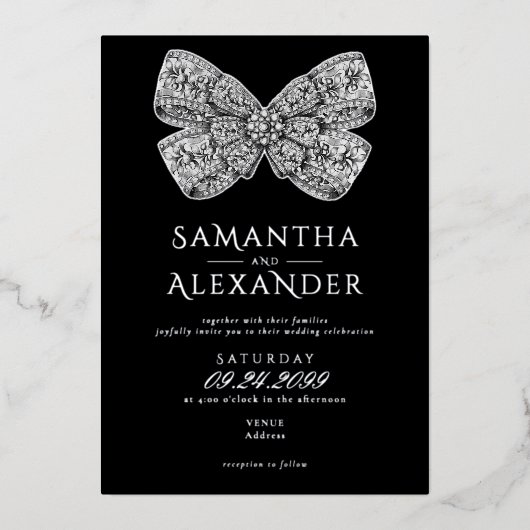 Renaissance Regency  Bow Zwart Fotobruiloft Folie Uitnodiging (Voorkant)