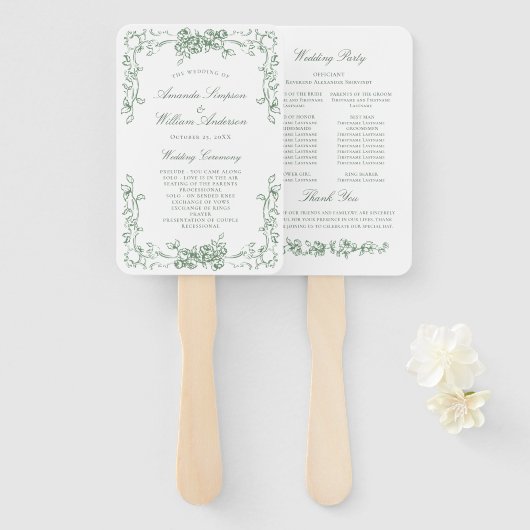 Renaissance  sage Green Wedding Programma Handwaaier (Voorkant en achterkant)