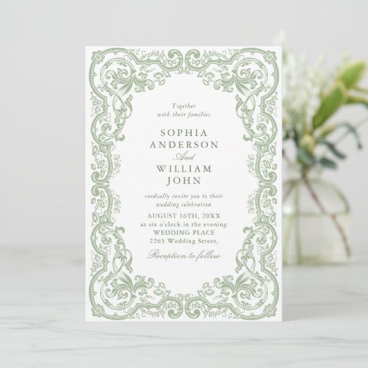 Renaissance  Sage Green Wedding QR-code Kaart (Staand voorkant)
