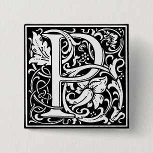 Renaissance Stijl Alfabet Letter P - Pin Vierkante Button 5,1 Cm