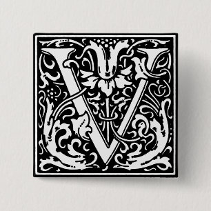 Renaissance Stijl Alfabet Letter V - Pin Vierkante Button 5,1 Cm