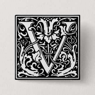 Renaissance Stijl Alfabet Letter V - Pin Vierkante Button 5,1 Cm