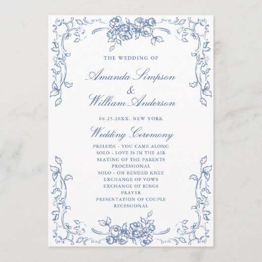Renaissance  stoffige blauwe huwelijksceremonie programma (Voorkant)